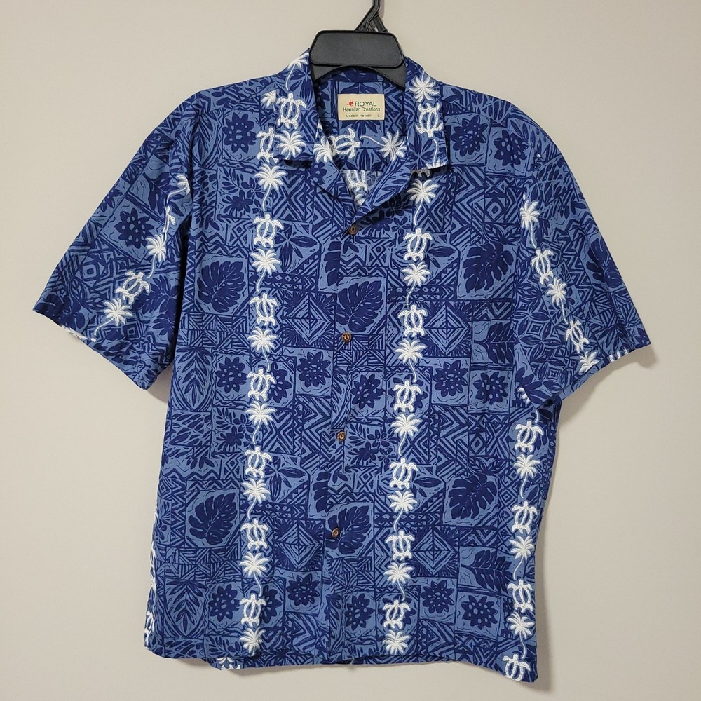 Royal Hawaiian Button Up Shirt Mens L Blue Turtles Palm Print Made In Hawaii